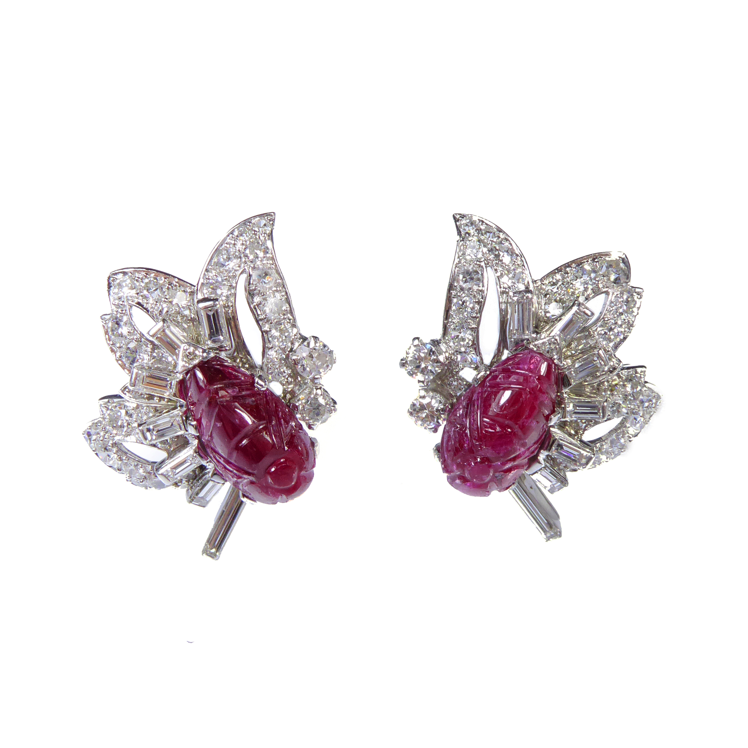 Pair of carved ruby and diamond cluster earrings by Cartier, London, c.1940